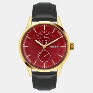 Men Quartz Red Dial Multi-Function Leather Watch TWEG19938