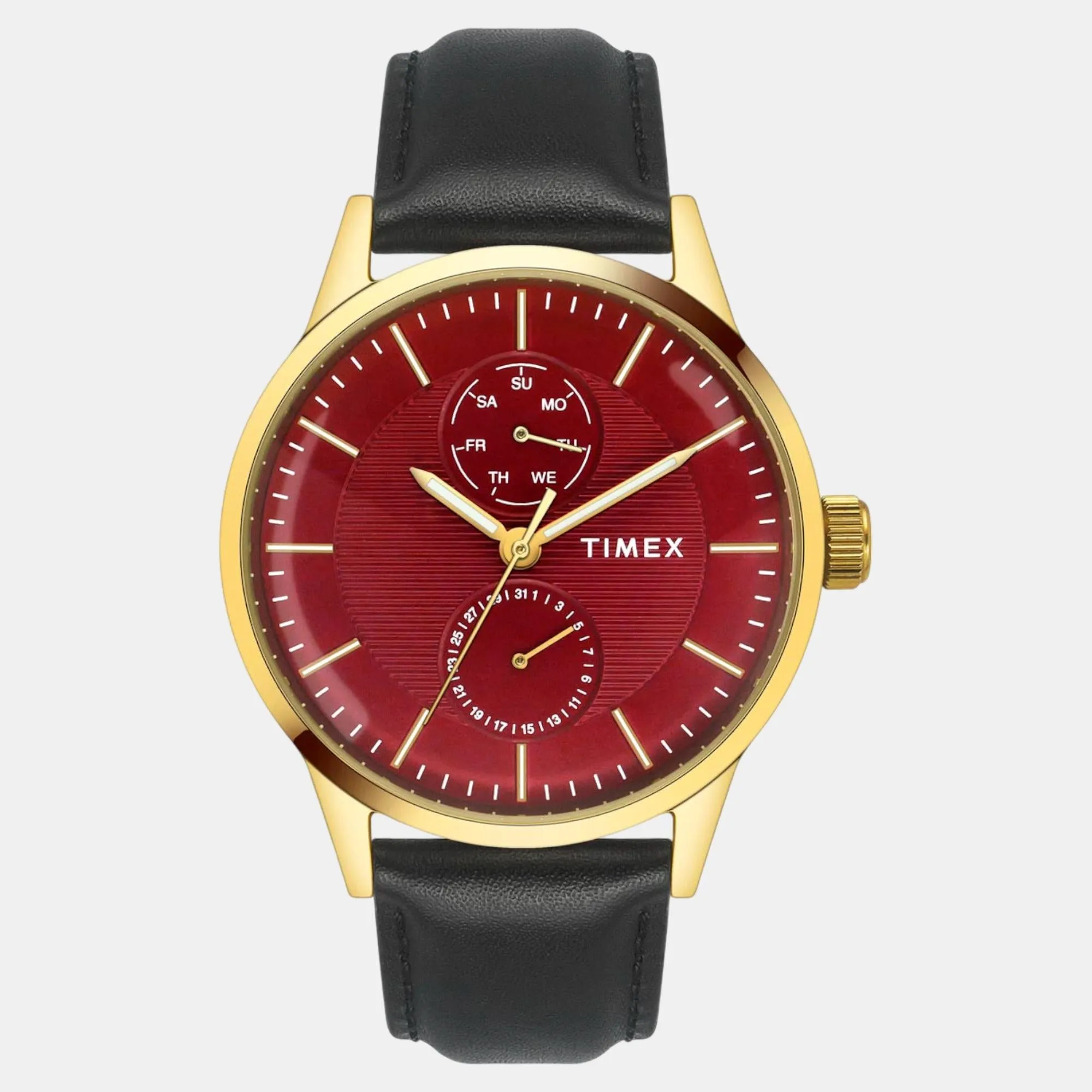 Men Quartz Red Dial Multi-Function Leather Watch TWEG19938