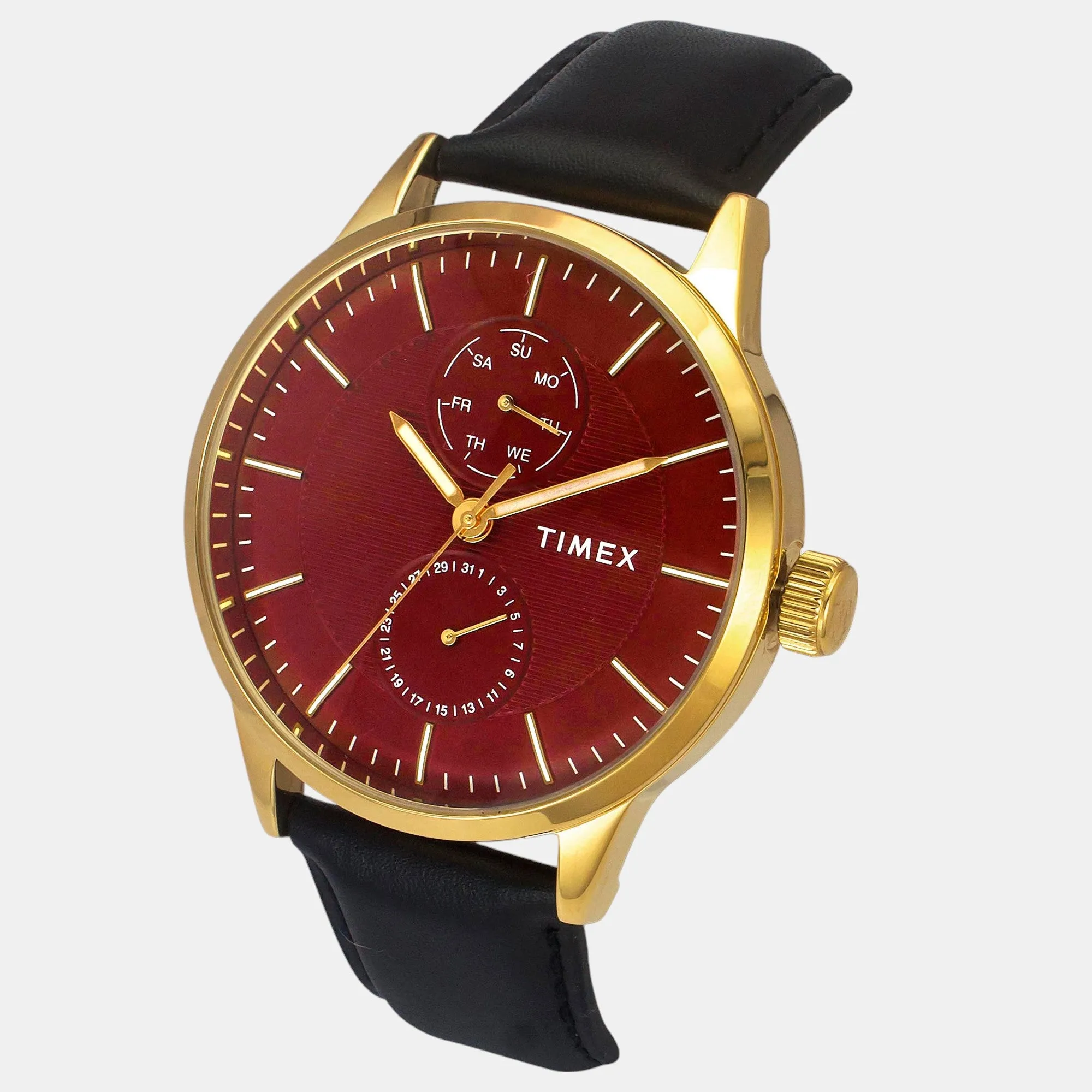 Men Quartz Red Dial Multi-Function Leather Watch TWEG19938