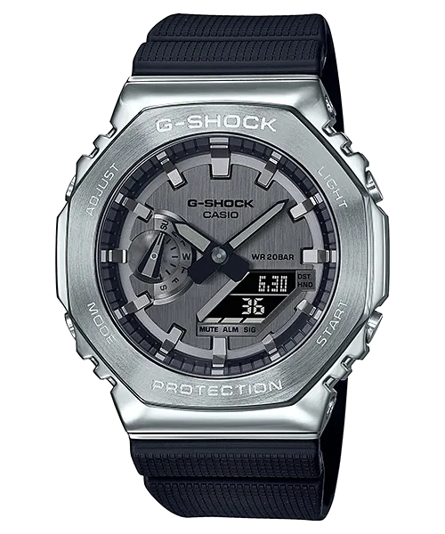 Metallic CasiOak G-Shock Watch GM2100-1A with Octagonal Design and Stainless Steel Bezel