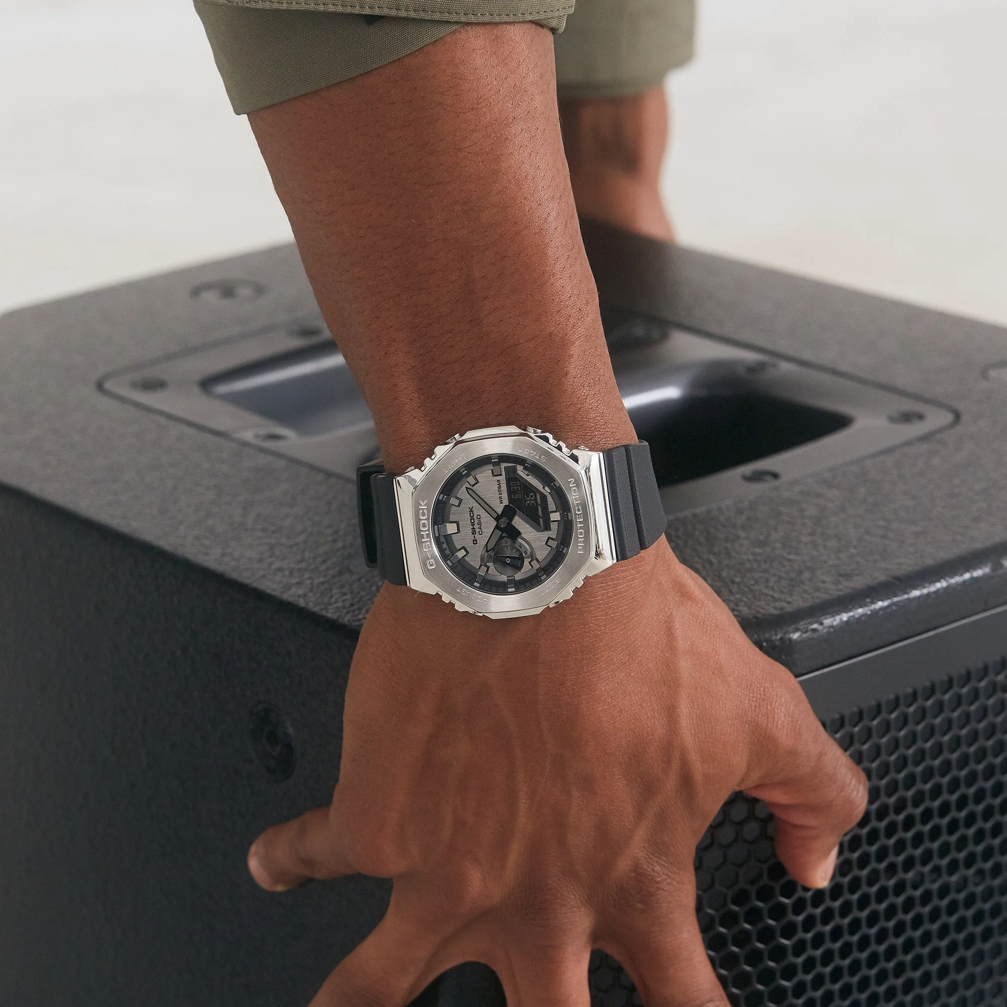 Metallic CasiOak G-Shock Watch GM2100-1A with Octagonal Design and Stainless Steel Bezel