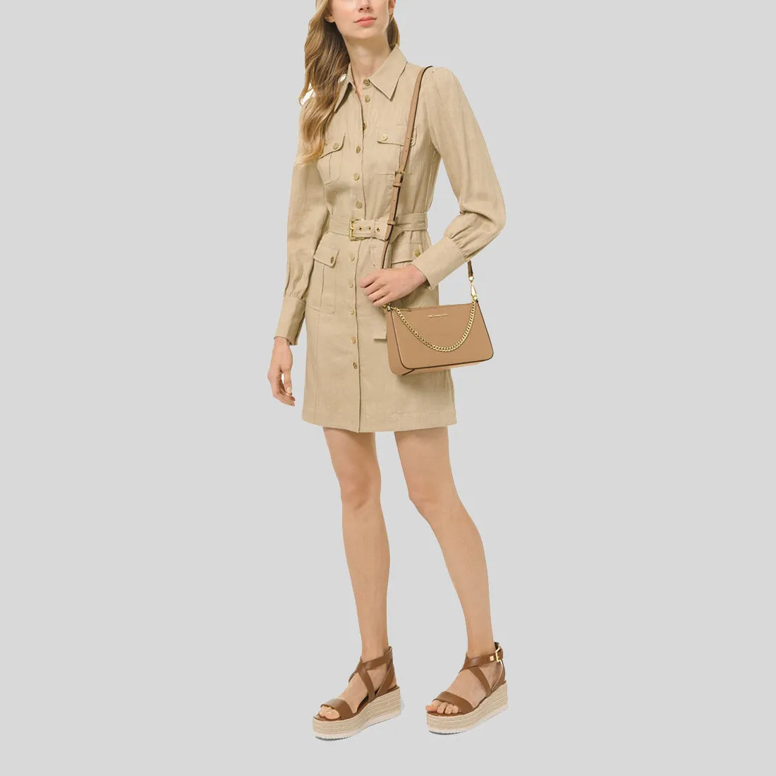 MICHAEL KORS Jet Set Travel Medium Zip Pouchette Crossbody Bag Camel 35S0GTVU6L
