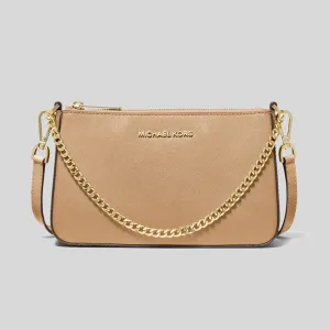 MICHAEL KORS Jet Set Travel Medium Zip Pouchette Crossbody Bag Camel 35S0GTVU6L