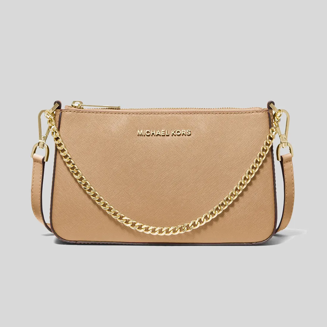 MICHAEL KORS Jet Set Travel Medium Zip Pouchette Crossbody Bag Camel 35S0GTVU6L