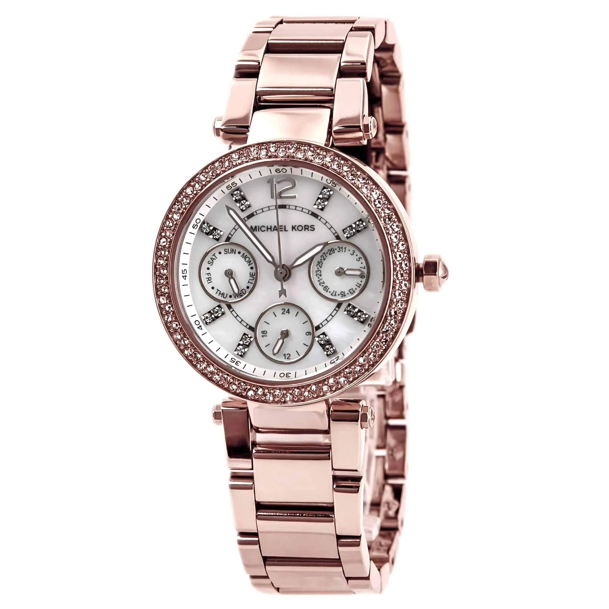 Michael Kors MK5616 Women's Parker Mini Rose Gold Steel Bracelet Crystal MOP Dial Day Date Watch