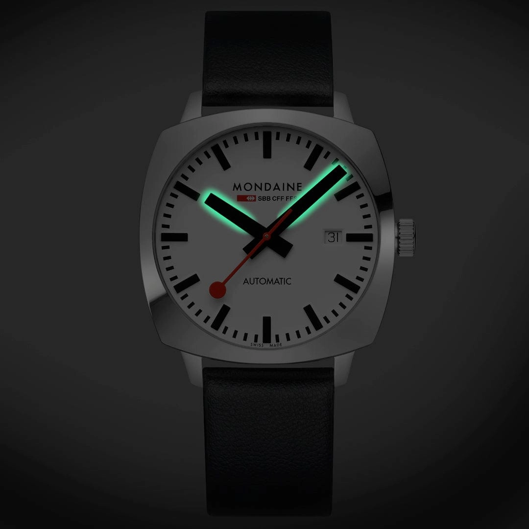 Mondaine Grand Cushion Automatic White Dial Black Leather Watch MSL.3961B.LBV