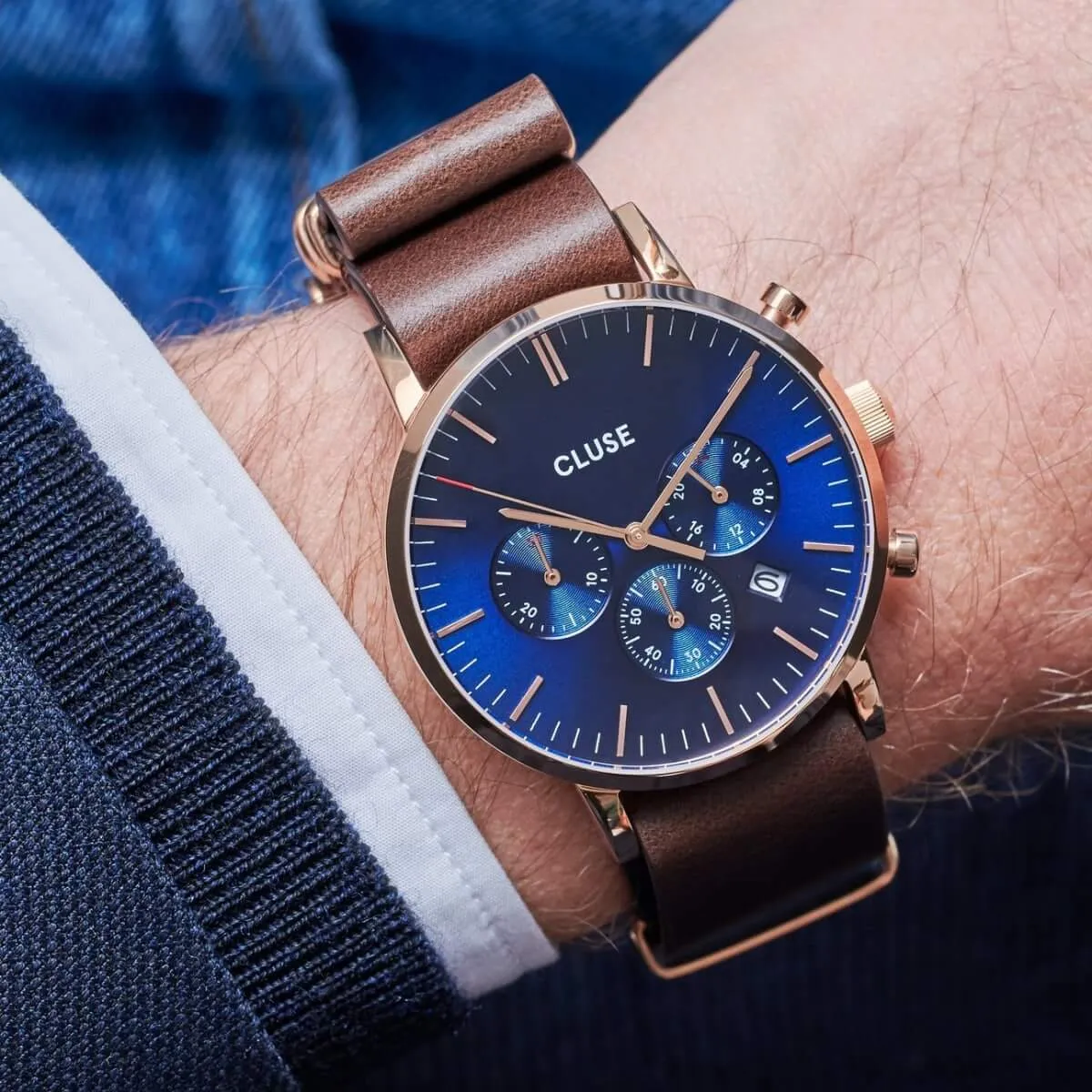 Montre CLUSE Aravis Chrono Nato Leather Blue Rose Gold CW0101502008
