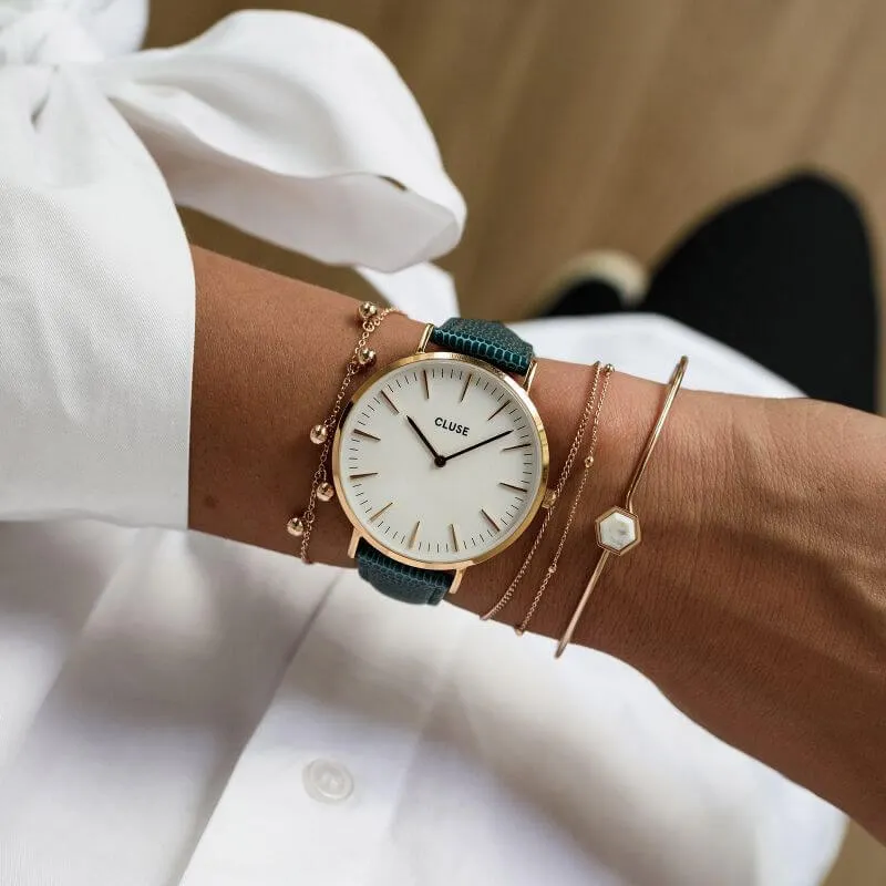 Montre CLUSE La Bohme Rose Gold White/Emerald Lizard CL18038