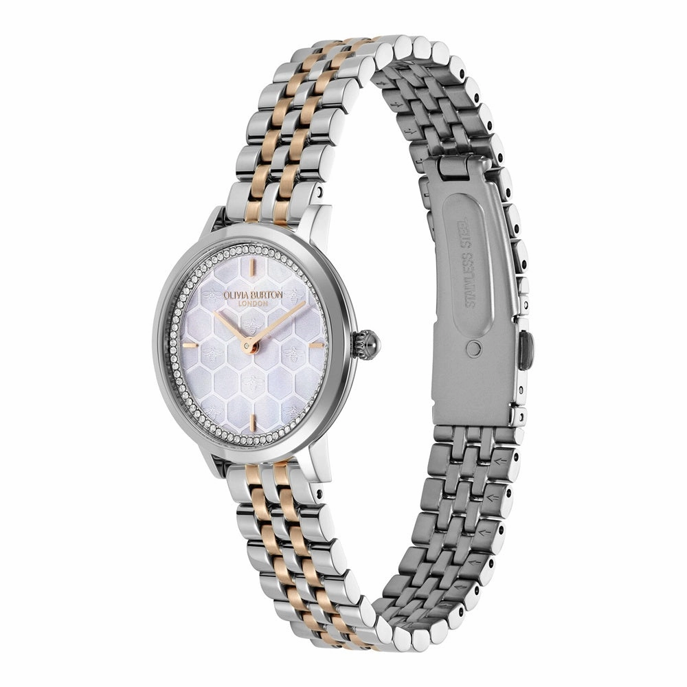 Olivia Burton Signature Honeycomb Ultra Slim Dove Grey Ladies Two Tone Watch 24000265