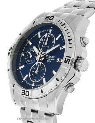 Pulsar Mens Chronograph - Blue Dial - Silver-Tone - Luminous Hands and Markers