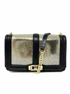 REBECCA MINKOFF Love Black / Gold Flap Color Block Pebbled Leather Crossbody