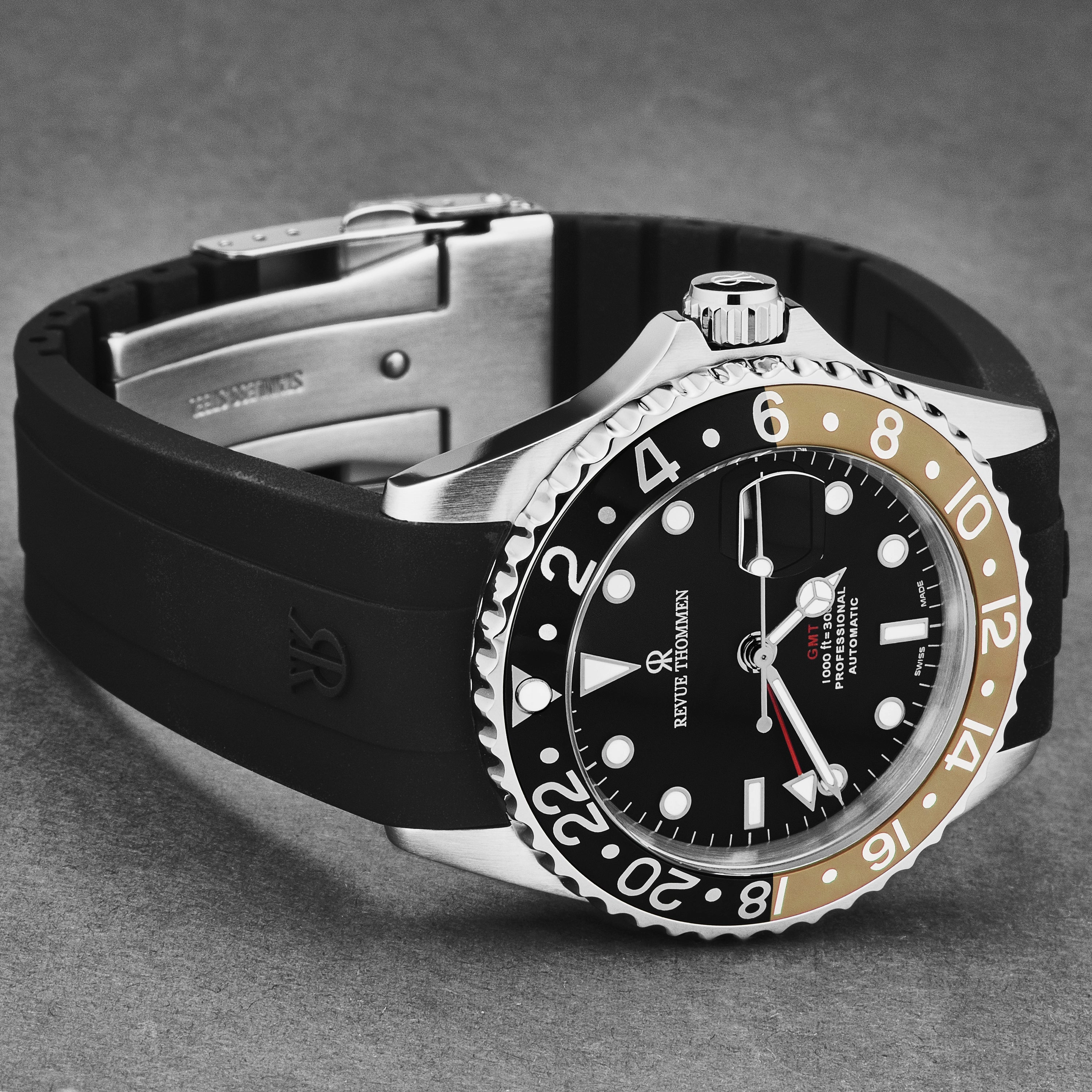 Revue Thommen Men's 'Diver' Black Dial Black and Beige Bezel GMT Automatic Watch 17572.2832