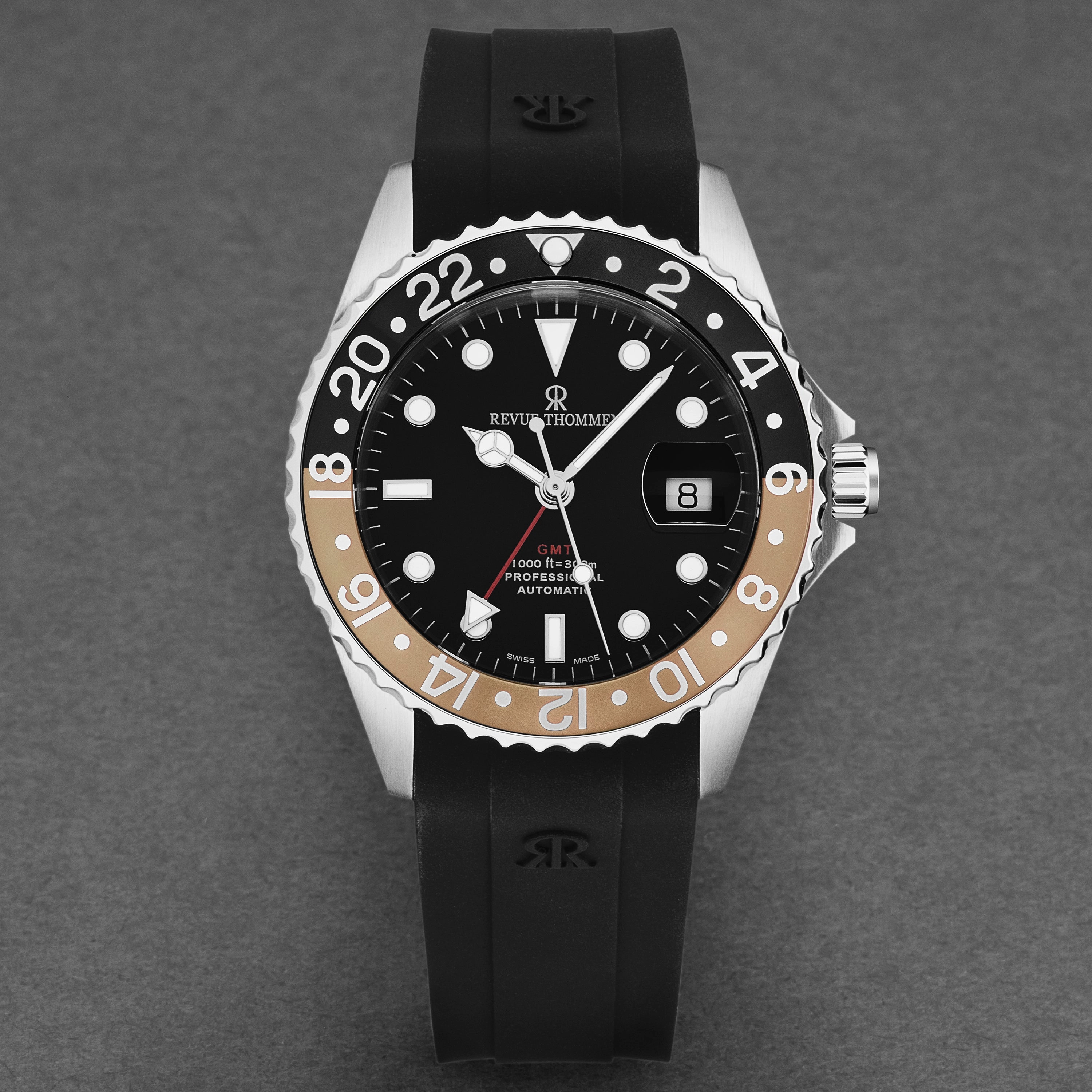 Revue Thommen Men's 'Diver' Black Dial Black and Beige Bezel GMT Automatic Watch 17572.2832