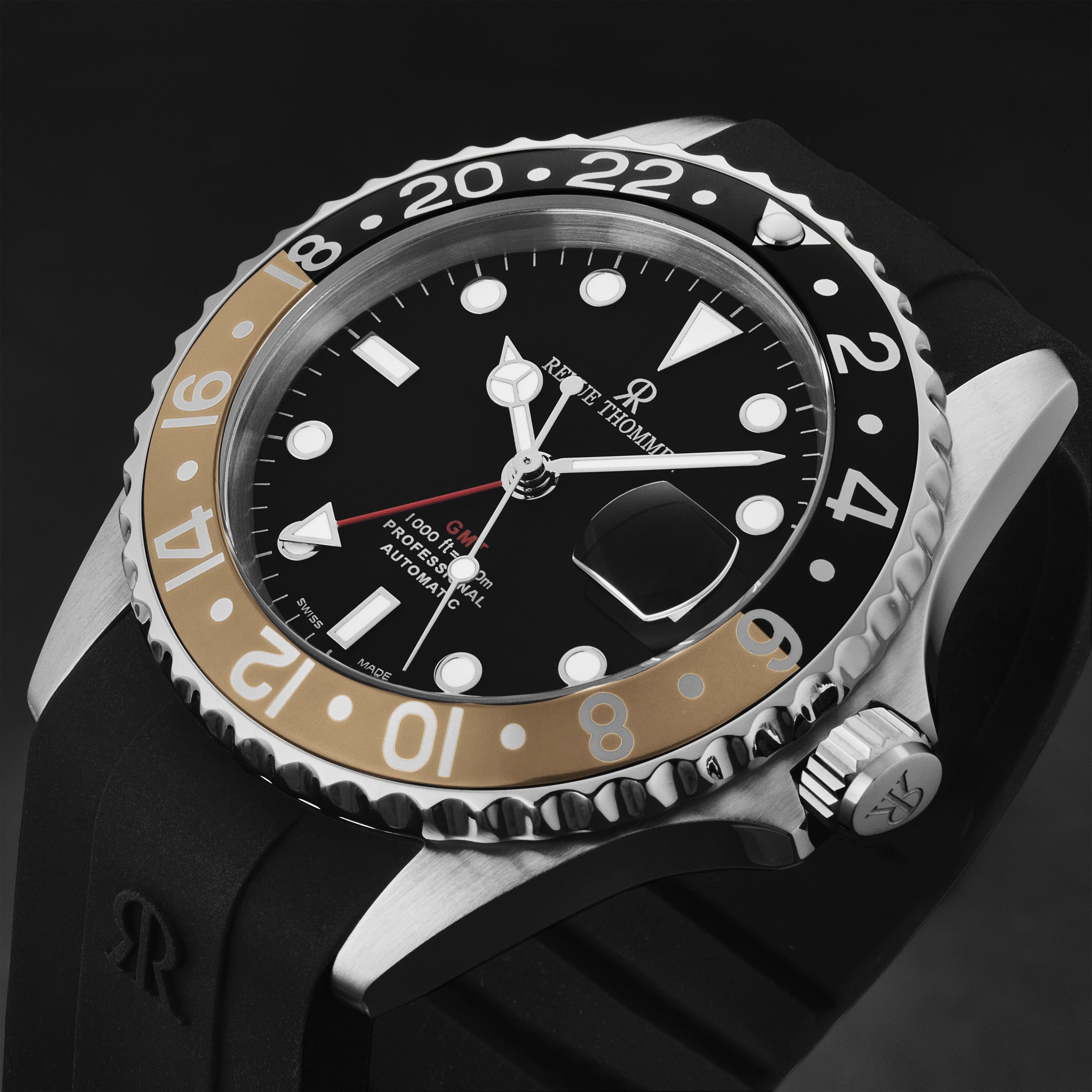 Revue Thommen Men's 'Diver' Black Dial Black and Beige Bezel GMT Automatic Watch 17572.2832