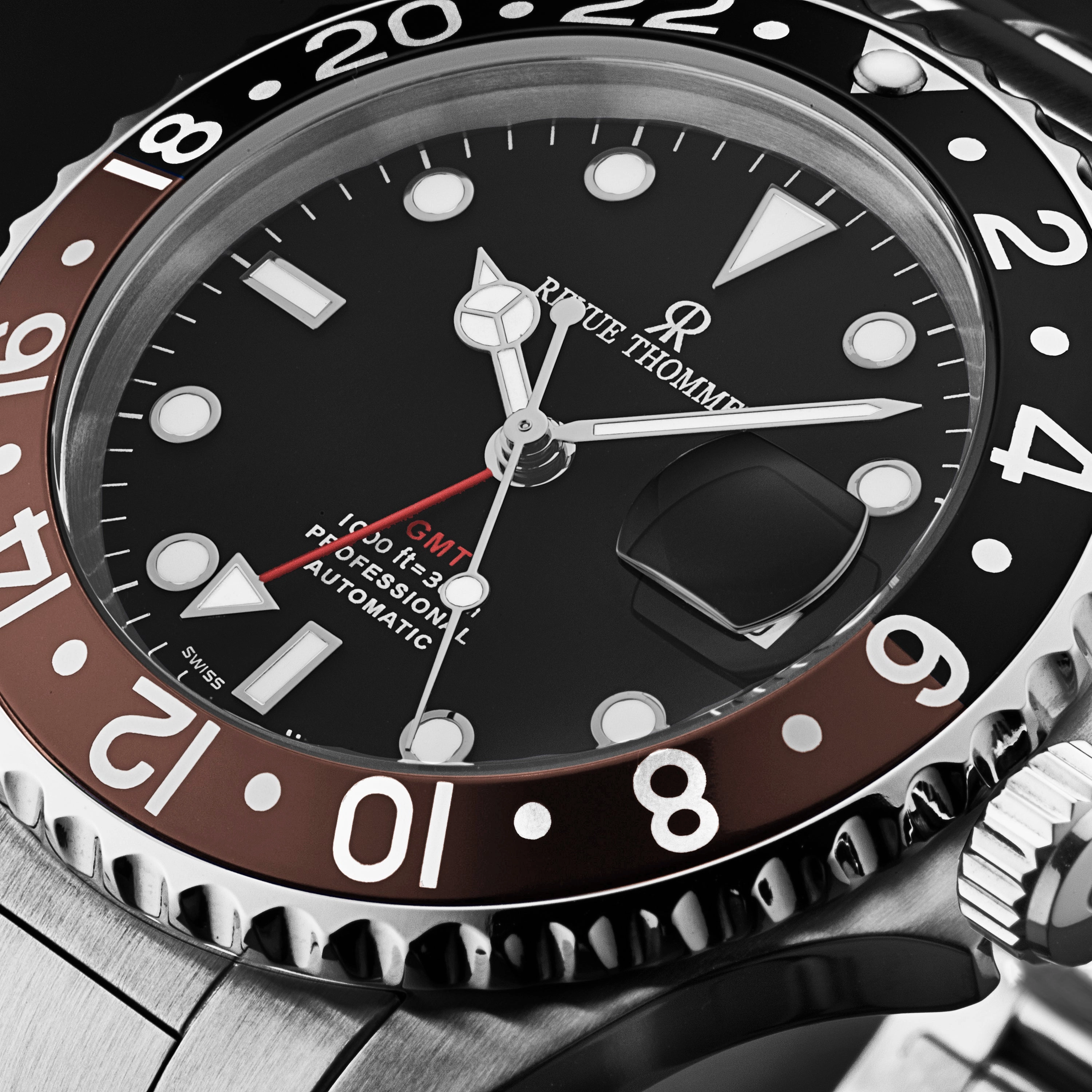Revue Thommen Men's 'Diver' Black Dial Black and Brown Bezel GMT Automatic Watch 17572.2139