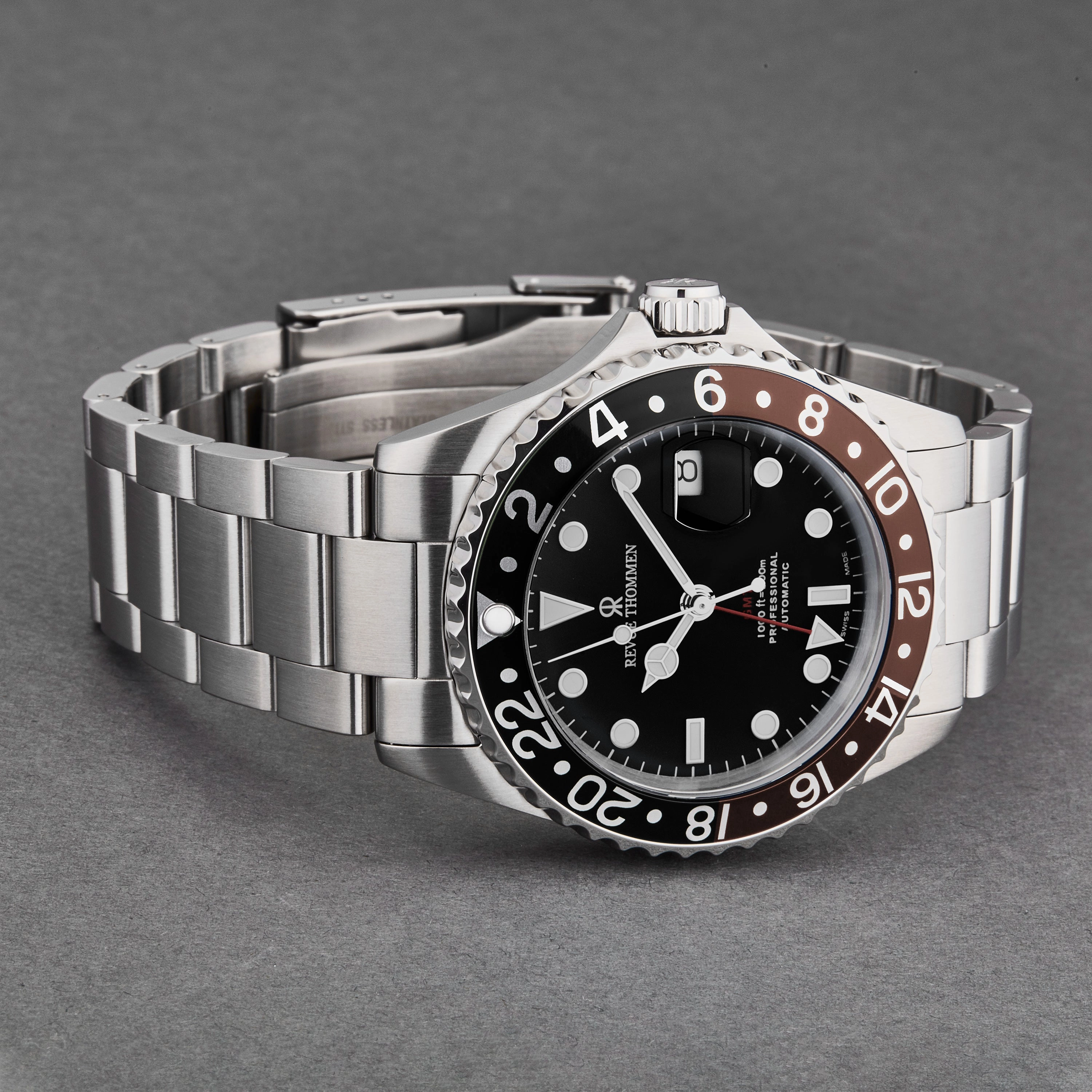 Revue Thommen Men's 'Diver' Black Dial Black and Brown Bezel GMT Automatic Watch 17572.2139