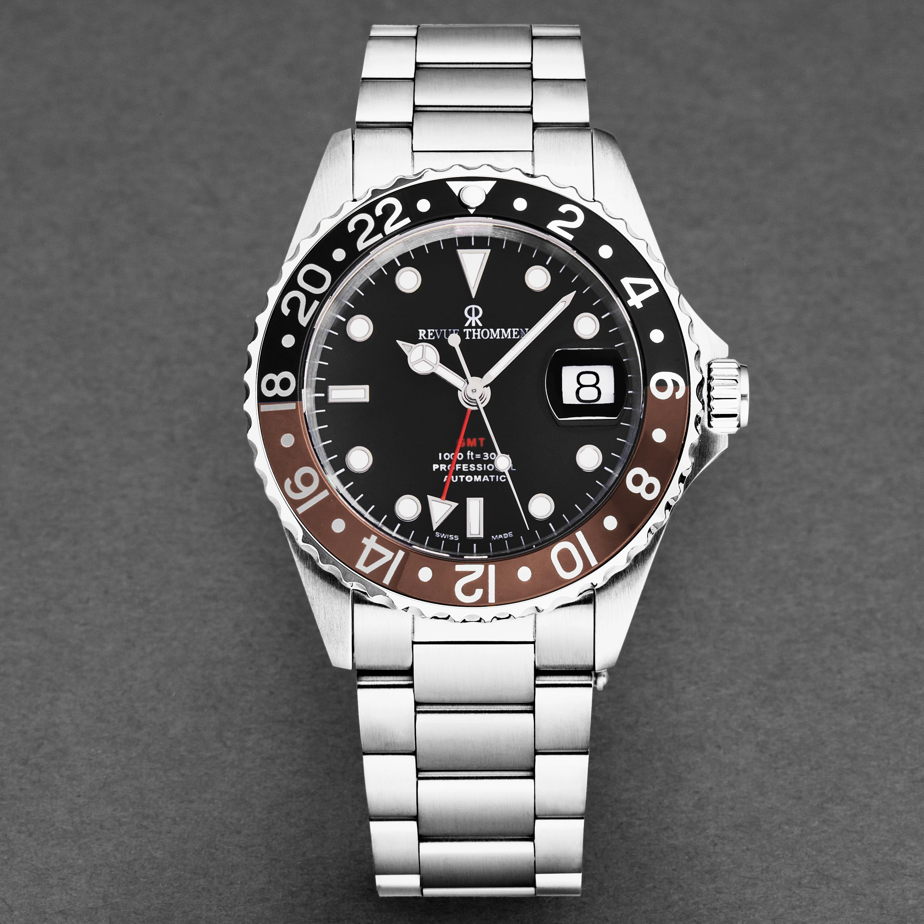Revue Thommen Men's 'Diver' Black Dial Black and Brown Bezel GMT Automatic Watch 17572.2139