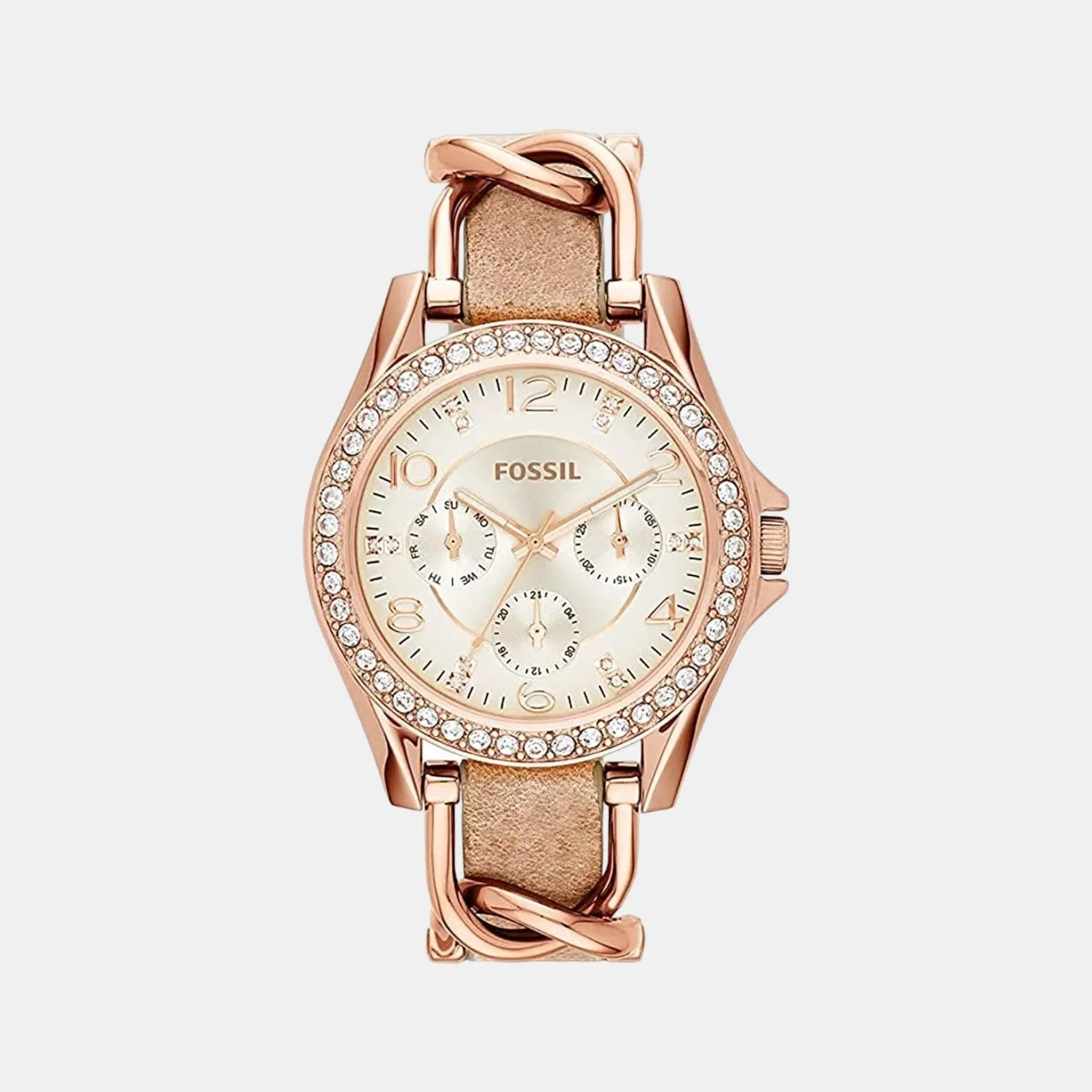 Riley Women Quartz Beige Dial Multi-Function Leather Watch ES3466