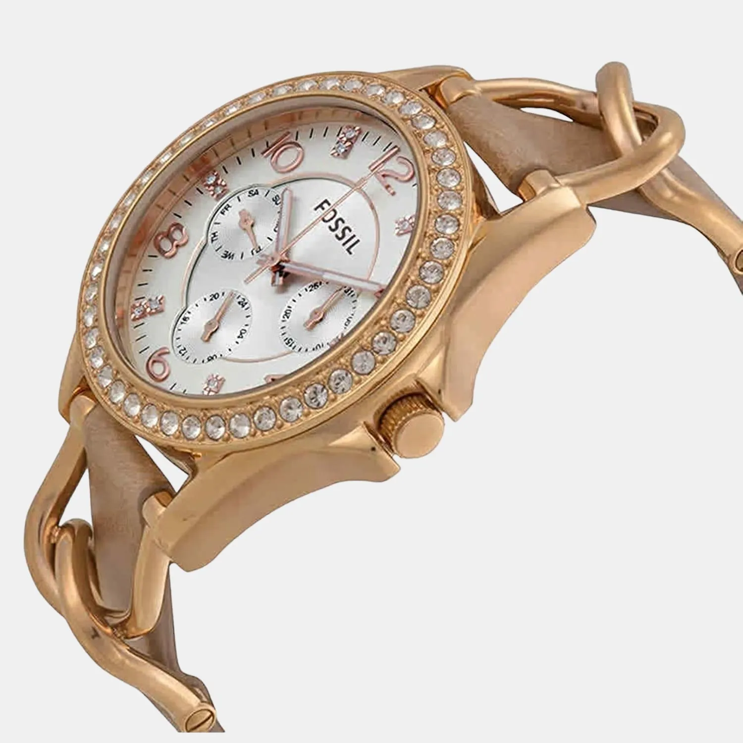 Riley Women Quartz Beige Dial Multi-Function Leather Watch ES3466