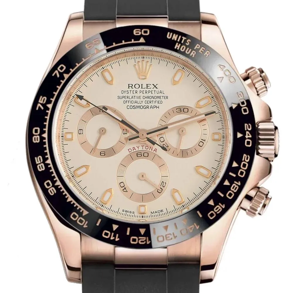 Rolex Cosmograph Daytona 40mm - Ref: 116515 LNi - Ivory Index Dial & Ceramic Bezel, 18K Rose Gold Case Black Oysterflex Bracelet Men's Watch
