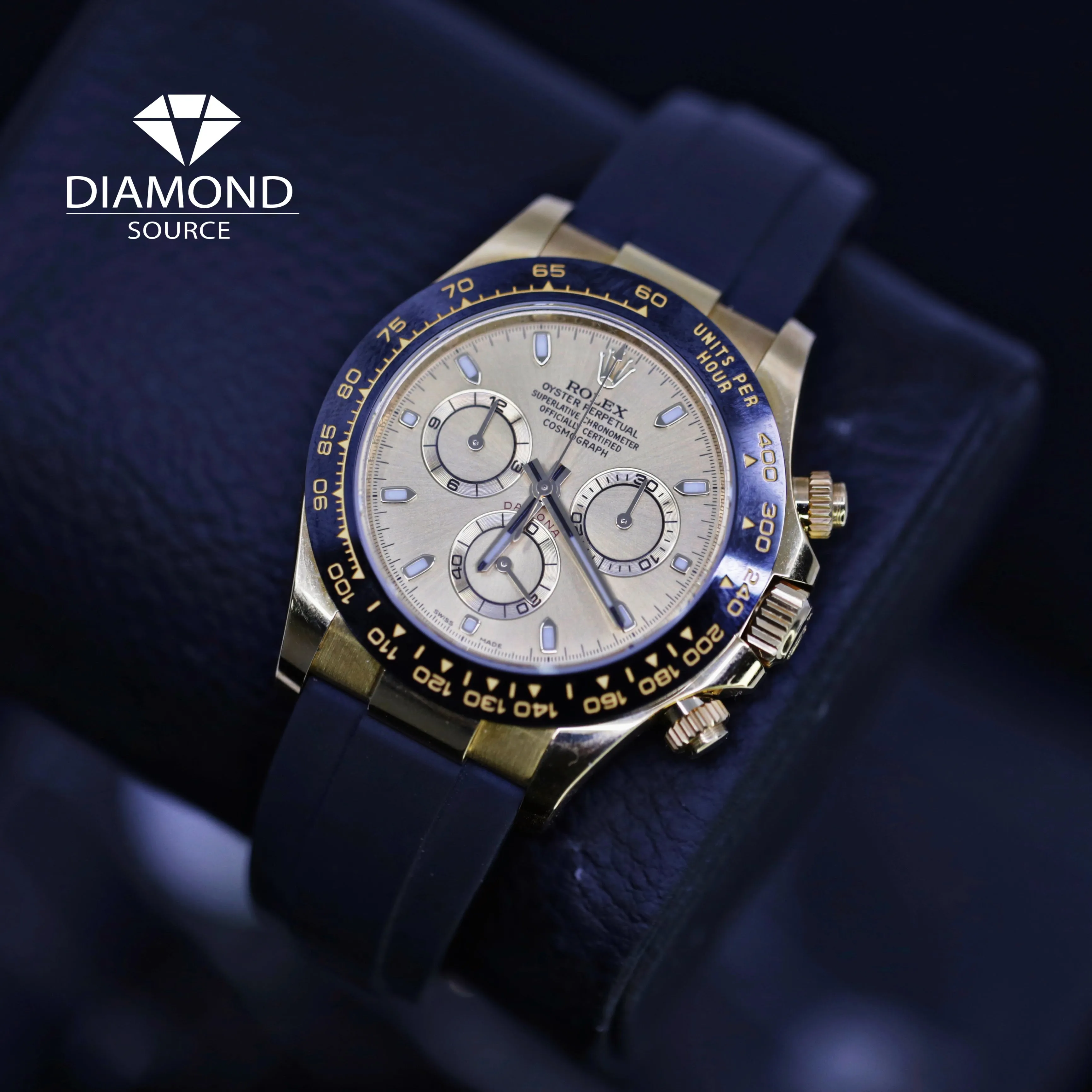 Rolex Cosmograph Daytona 40mm - Ref: 116518ln-0042 - Champagne Index Dial & Ceramic Bezel, 18K Yellow Gold Case Black Oysterflex Bracelet Men's Watch