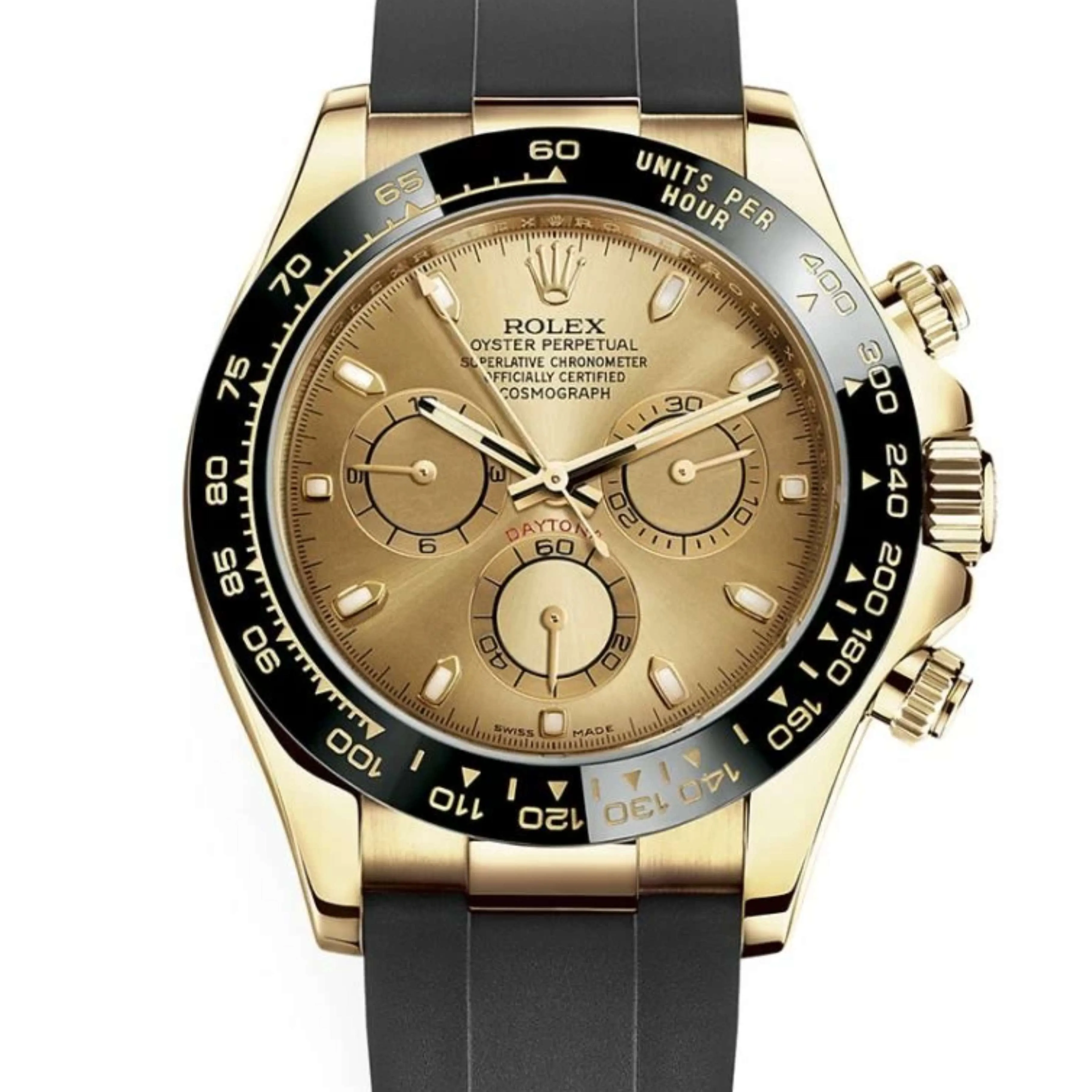 Rolex Cosmograph Daytona 40mm - Ref: 116518ln-0042 - Champagne Index Dial & Ceramic Bezel, 18K Yellow Gold Case Black Oysterflex Bracelet Men's Watch