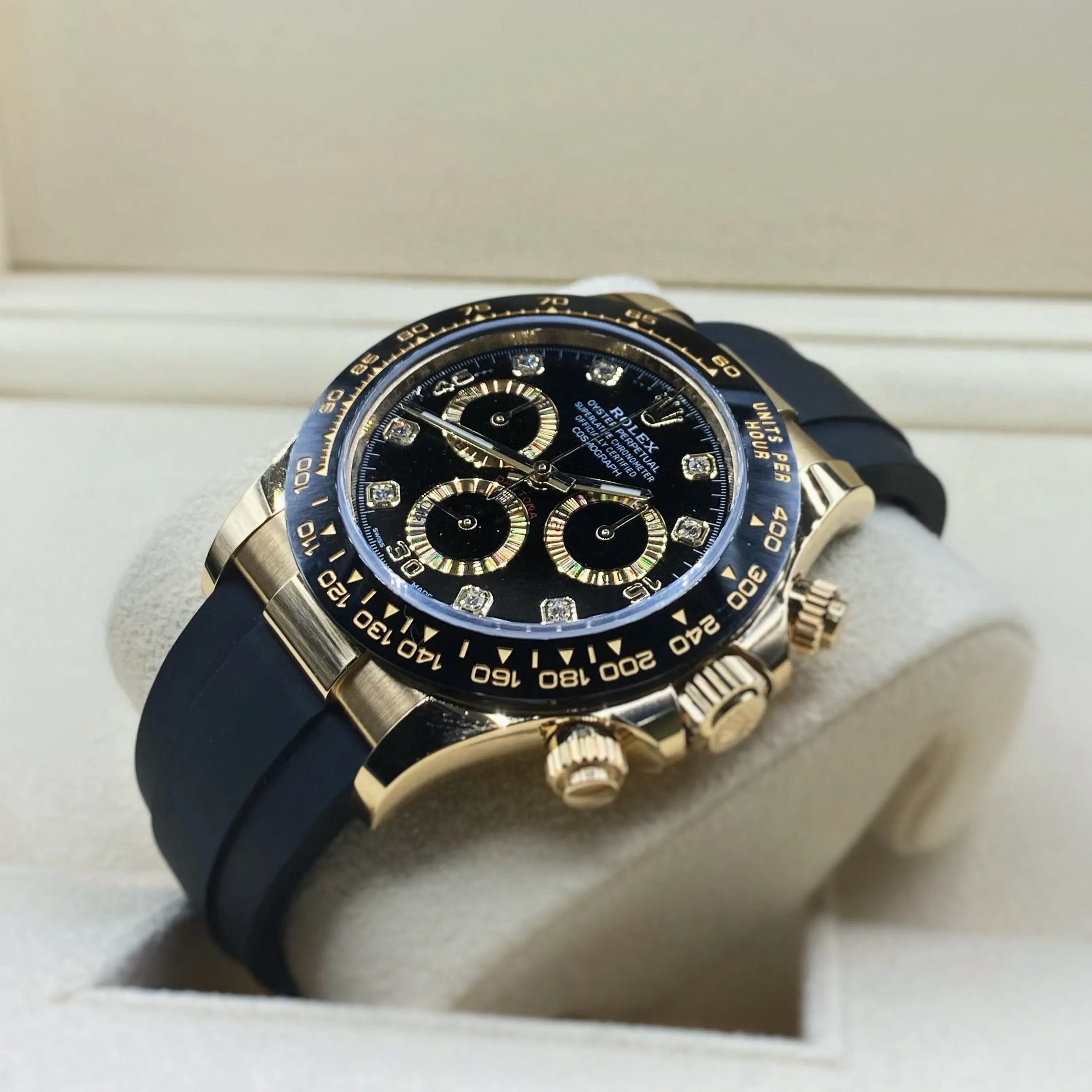 Rolex Cosmograph Daytona 40mm - Ref: 116518ln - Black Diamond Dial & Ceramic Bezel, 18K Yellow Gold Case Black Oysterflex Bracelet Men's Watch