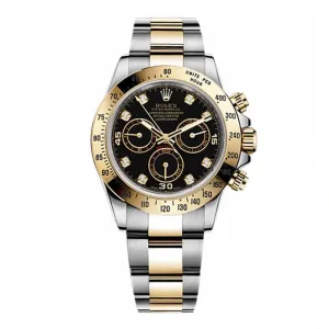 Rolex Cosmograph Daytona 40mm - Ref: 116523BKD - Black Diamond Dial & Gold Bezel, Two Tone Stainless Steel & 18K Yellow Gold Oyster Bracelet Men's Watch