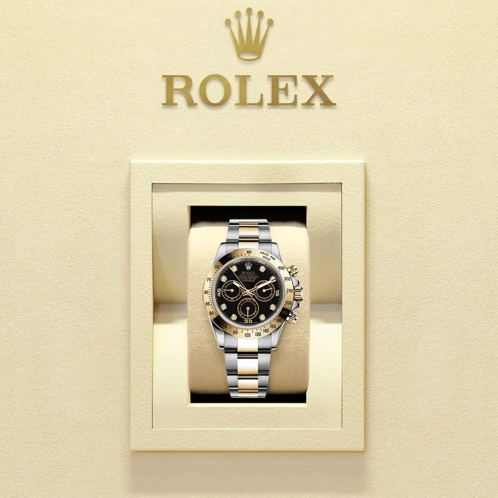 Rolex Cosmograph Daytona 40mm - Ref: 116523BKD - Black Diamond Dial & Gold Bezel, Two Tone Stainless Steel & 18K Yellow Gold Oyster Bracelet Men's Watch