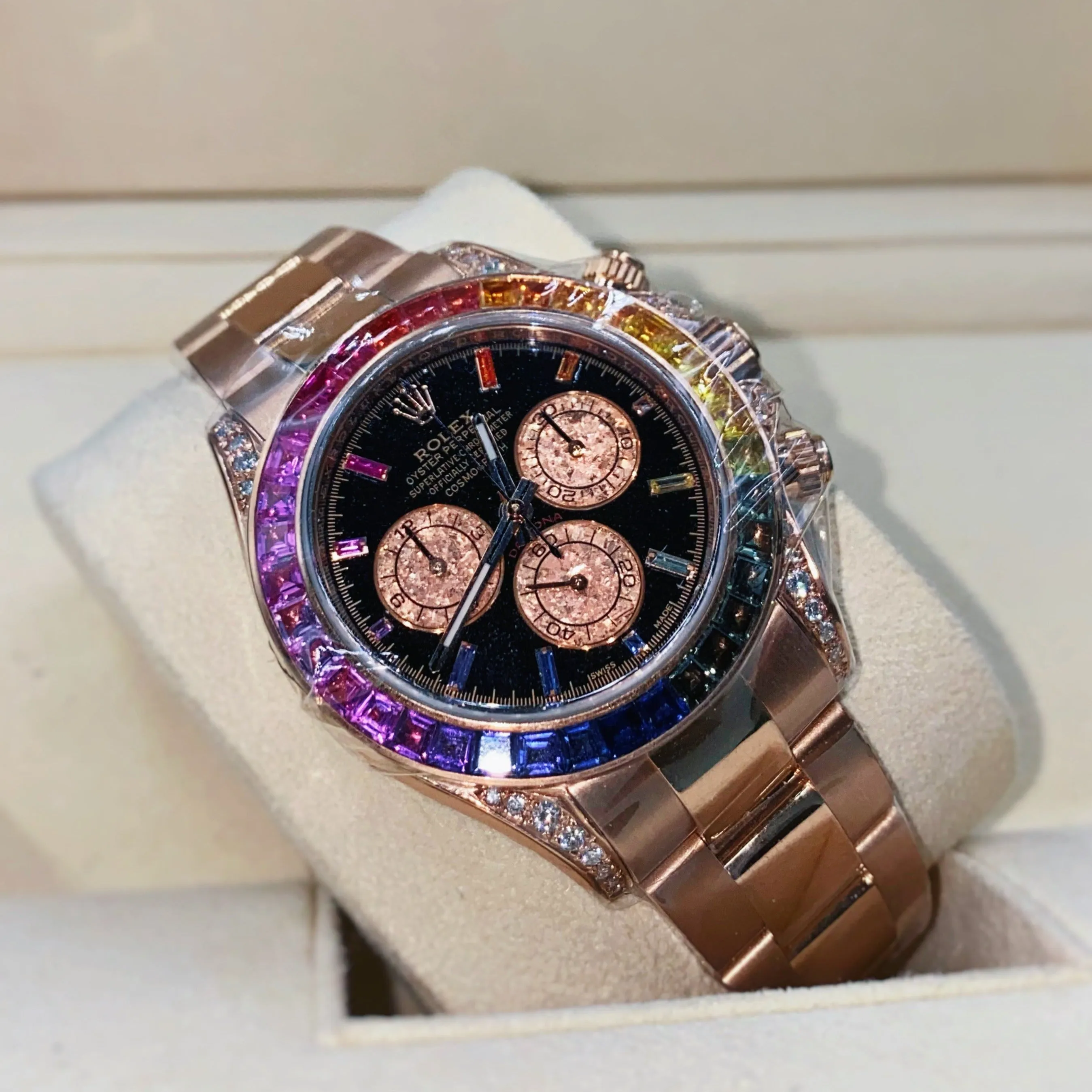 Rolex Cosmograph Daytona 40mm - Ref: 116595RBOW - Black Sapphire Rainbow Dial & Bezel, 18K Rose Gold Oyster Bracelet Men's Watch