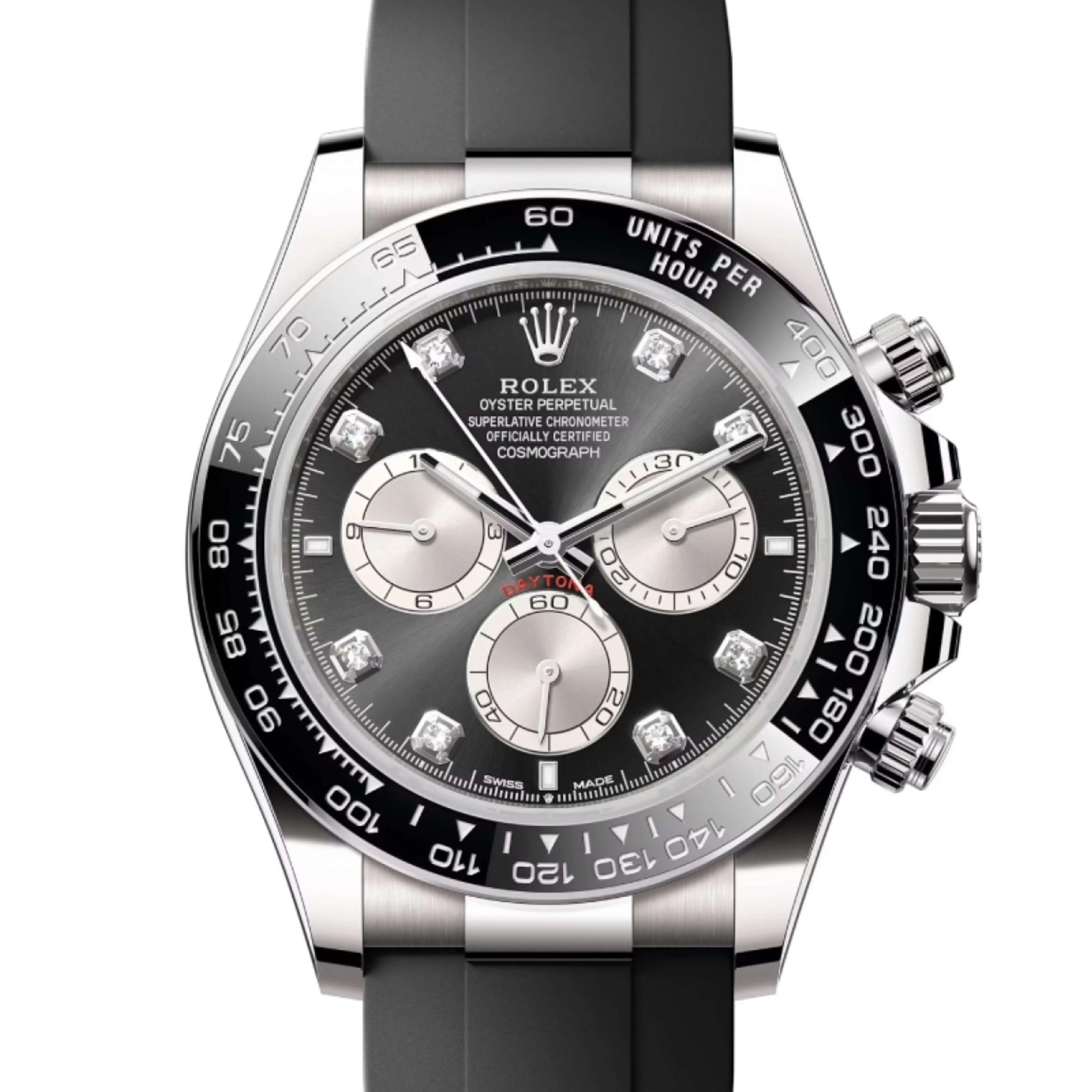 Rolex Cosmograph Daytona 40mm - Ref: 126519LN - Bright Black & Steel Diamond Dial & Ceramic Bezel, 18K White Gold Case Black Oysterflex Bracelet Men's Watch