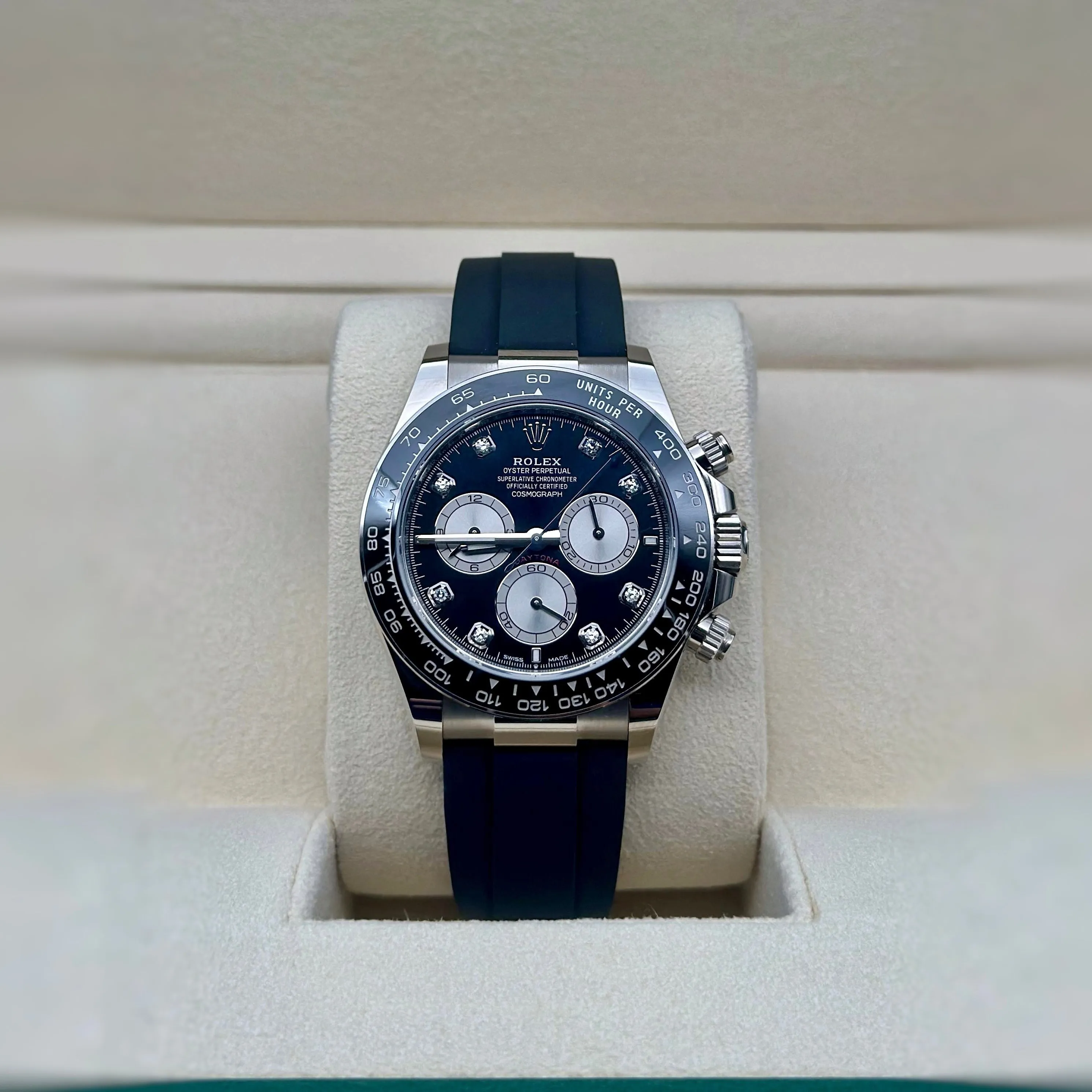Rolex Cosmograph Daytona 40mm - Ref: 126519LN - Bright Black & Steel Diamond Dial & Ceramic Bezel, 18K White Gold Case Black Oysterflex Bracelet Men's Watch