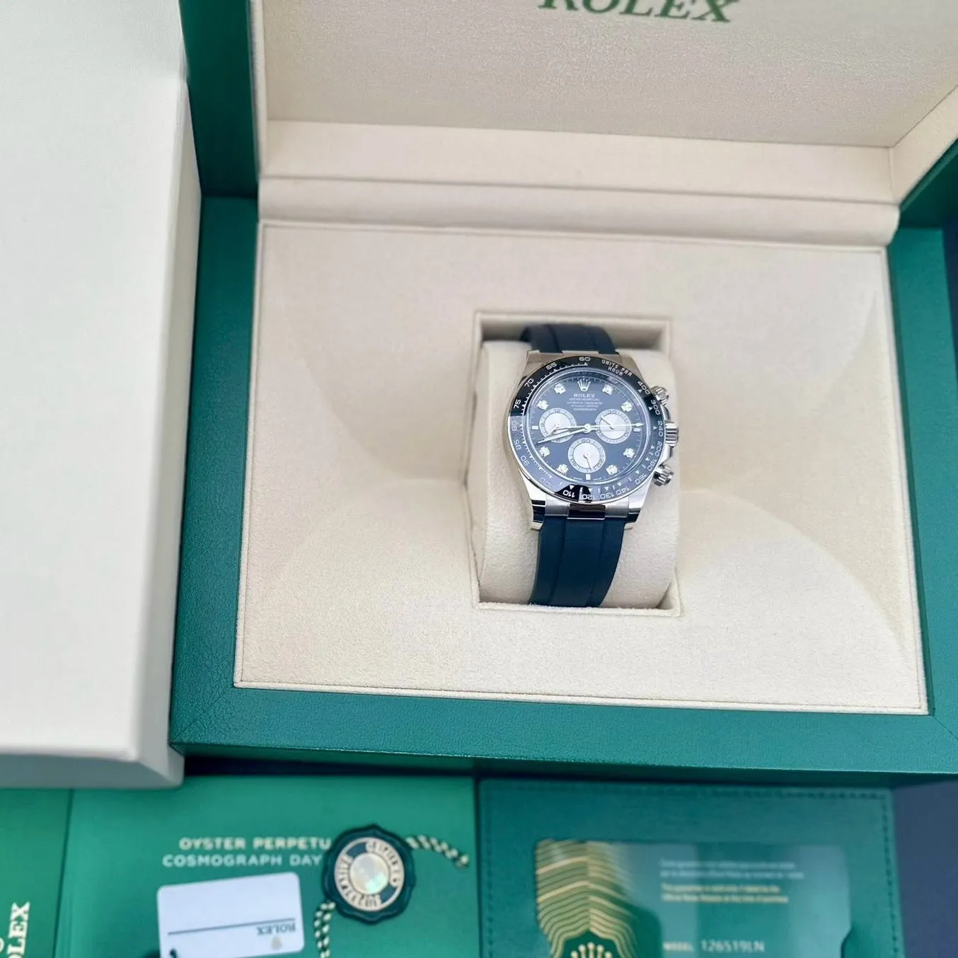 Rolex Cosmograph Daytona 40mm - Ref: 126519LN - Bright Black & Steel Diamond Dial & Ceramic Bezel, 18K White Gold Case Black Oysterflex Bracelet Men's Watch