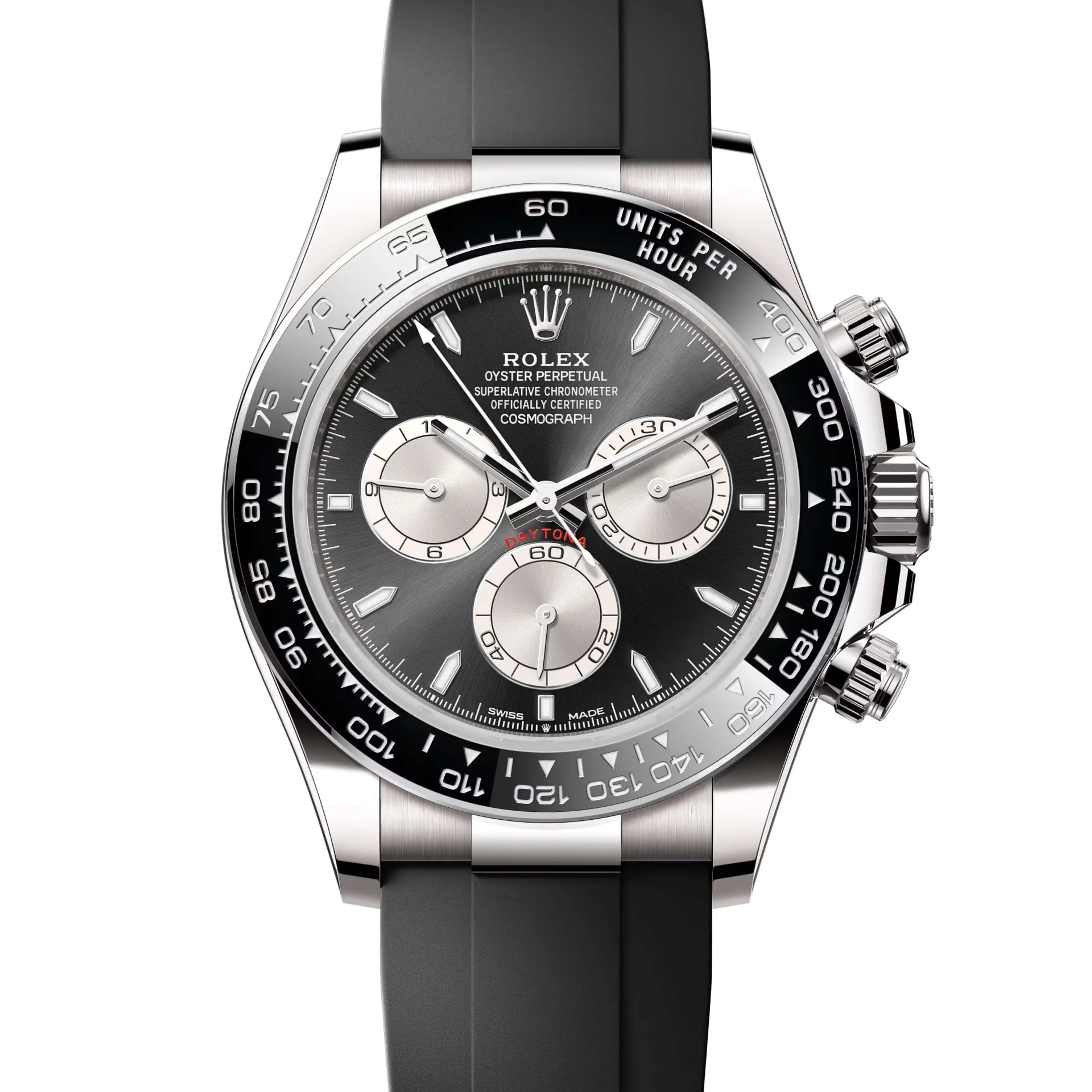 Rolex Cosmograph Daytona 40mm - Ref: 126519LN - Bright Black & Steel Index Dial & Ceramic Bezel, 18K White Gold Case Black Oysterflex Bracelet Men's Watch