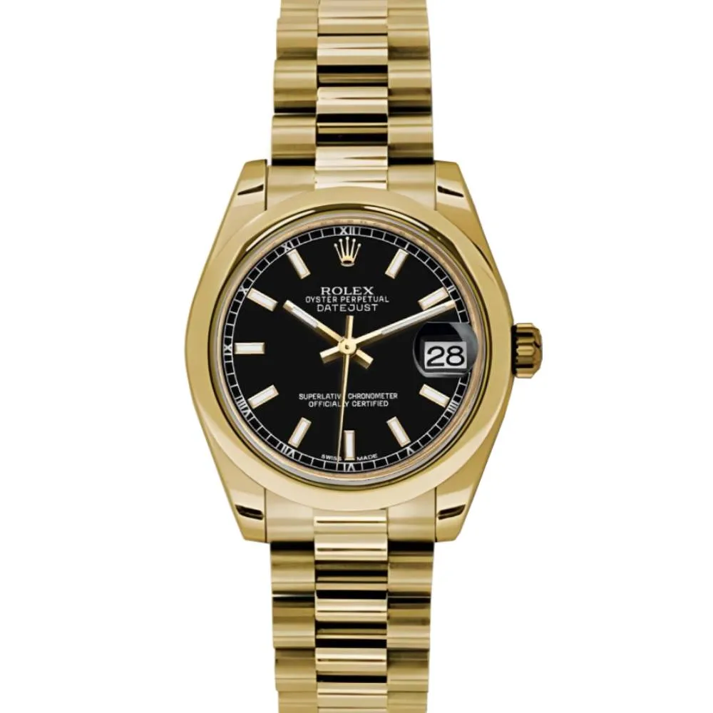 Rolex Datejust 31mm - Ref: 178248 bkip - Black Dial, 18K Yellow Gold President Bracelet Women's Watch