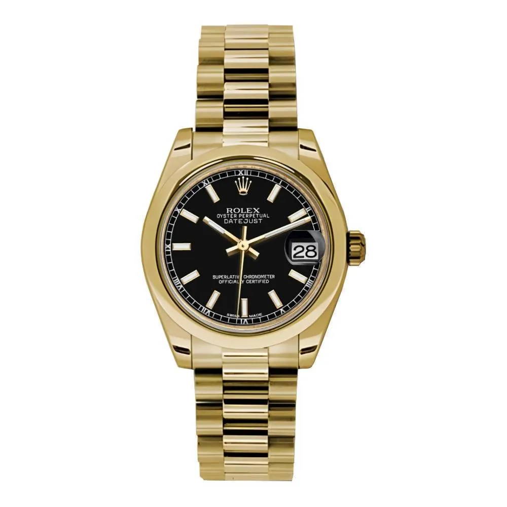 Rolex Datejust 31mm - Ref: 178248 bkip - Black Dial, 18K Yellow Gold President Bracelet Women's Watch