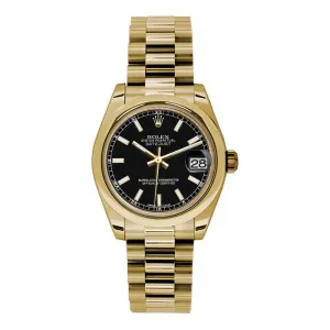 Rolex Datejust 31mm - Ref: 178248 bkip - Black Dial, 18K Yellow Gold President Bracelet Women's Watch