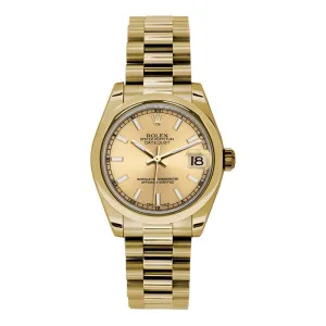 Rolex Datejust 31mm - Ref: 178248 chcap - Champagne Dial, 18K Yellow Gold President Bracelet Women's Watch