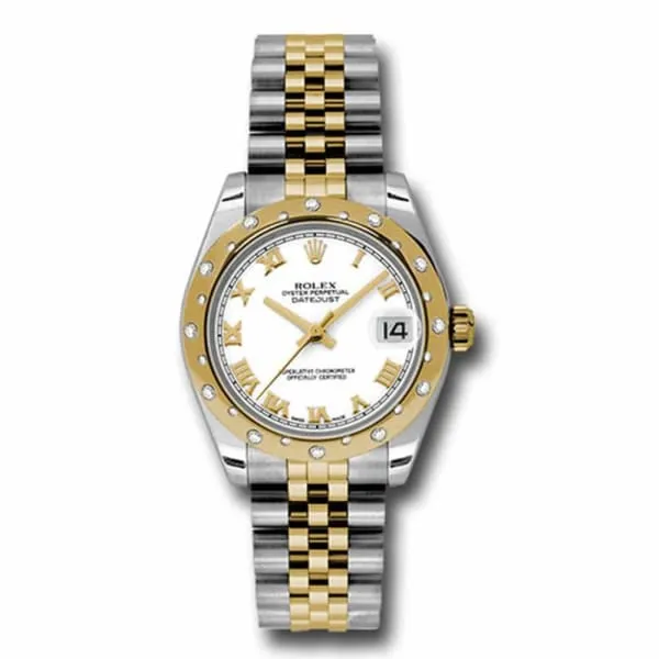 Rolex Datejust 31mm - Ref: 178343 wrj - White Roman Dial & Diamond Bezel, Two Tone Stainless Steel & 18K Yellow Gold Jubilee Bracelet Women's Watch
