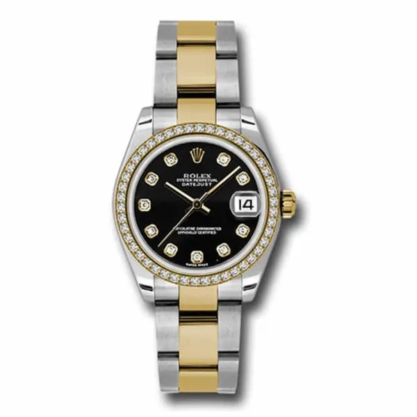 Rolex Datejust 31mm - Ref: 178383 bkdo - Black Diamond Dial & Diamond Bezel, Two Tone Stainless Steel & 18K Yellow Gold Oyster Bracelet Women's Watch
