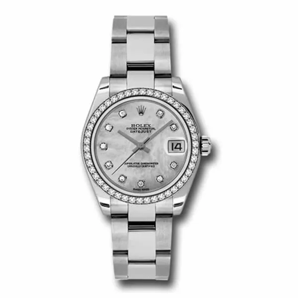 Rolex Datejust 31mm - Ref: 178384-0018 - White Mother of Pearl Dial & Diamond Bezel, Stainless Steel Oyster Bracelet Women's Watch