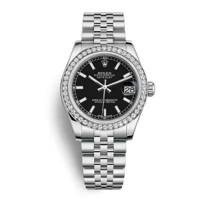Rolex Datejust 31mm - Ref: 178384-0031 - Black Dial & Diamond Bezel, Stainless Steel Jubilee Bracelet Women's Watch