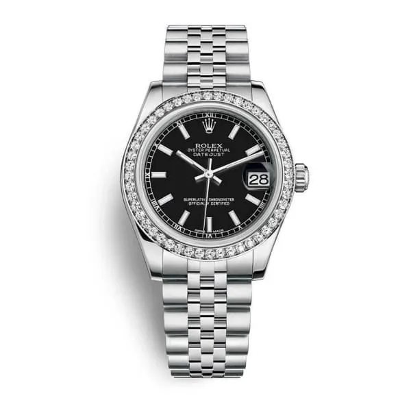 Rolex Datejust 31mm - Ref: 178384-0031 - Black Dial & Diamond Bezel, Stainless Steel Jubilee Bracelet Women's Watch