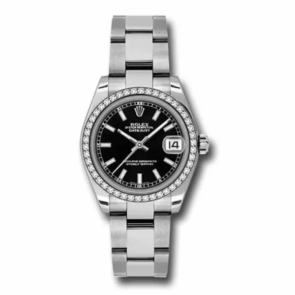 Rolex Datejust 31mm - Ref: 178384-bkio - Black Dial & Diamond Bezel, Stainless Steel Oyster Bracelet Women's Watch