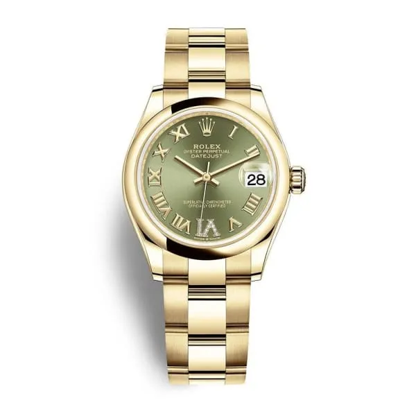 Rolex Datejust 31mm - Ref: 278248-0029 - Green Roman Diamond Dial, 18K Yellow Gold Oyster Bracelet Women's Watch