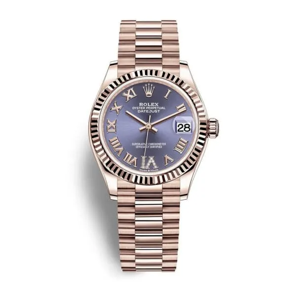 Rolex Datejust 31mm - Ref: 278275-0029 - Aubergine Purple Diamond Roman Dial, 18K Rose Gold President Bracelet Women's Watch