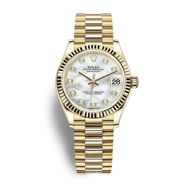 Rolex Datejust 31mm - Ref: 278278-0010 - White Mother of Pearl Diamond Dial, 18K Yellow Gold President Bracelet Women's Watch