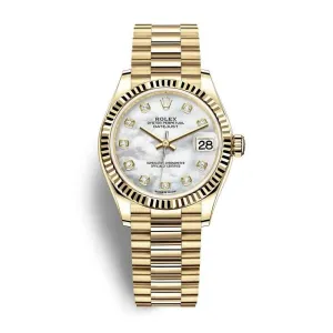 Rolex Datejust 31mm - Ref: 278278-0010 - White Mother of Pearl Diamond Dial, 18K Yellow Gold President Bracelet Women's Watch