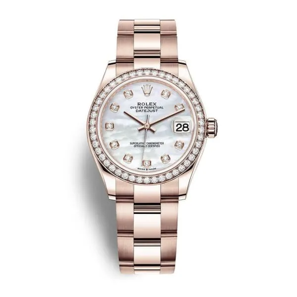Rolex Datejust 31mm - Ref: 278285rbr-0011 - White Mother of Pearl Diamond Dial & Diamond Bezel, 18K Rose Gold Oyster Bracelet Women's Watch