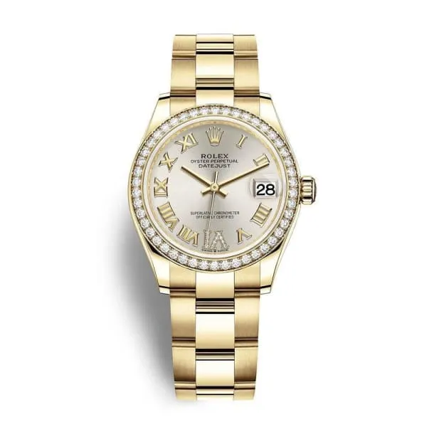 Rolex Datejust 31mm - Ref: 278288rbr-0019 - Silver Roman Diamond Dial & Diamond Bezel, 18K Yellow Gold Oyster Bracelet Women's Watch